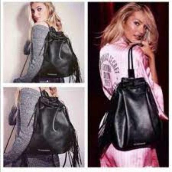 Victoria's Secret Black Faux Leather Adjustable Fringe Large Sling Backpack NEW - Picture 1 of 7